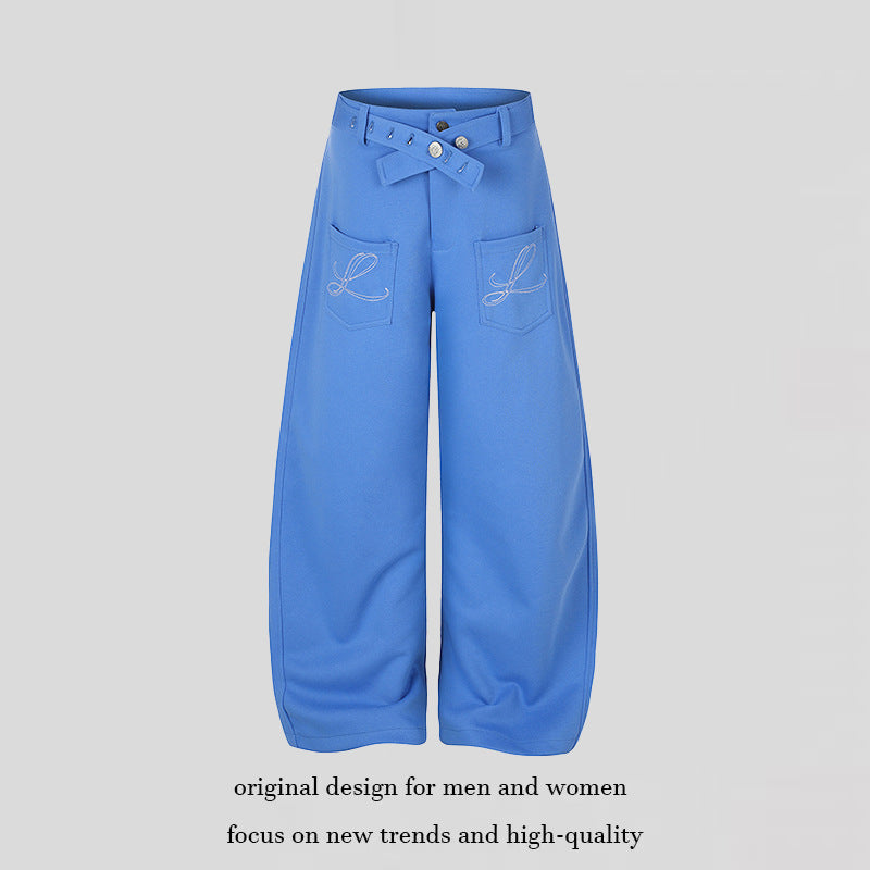 Women's Wide High-Waist Palazzo Jogging Pants with Pockets, Decorative Embroidery and Adjustable Belt Mune Fashion