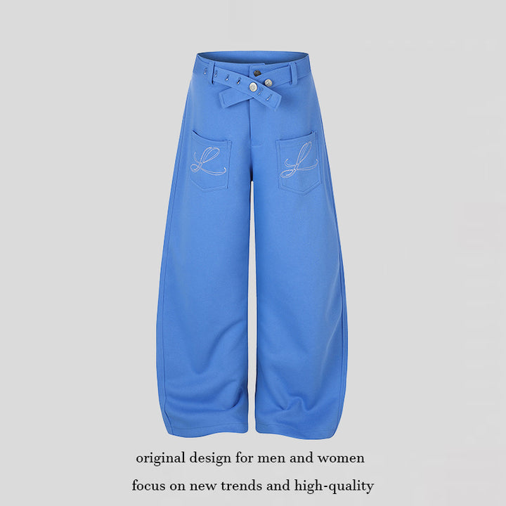 Women's Wide High-Waist Palazzo Jogging Pants with Pockets, Decorative Embroidery and Adjustable Belt Mune Fashion