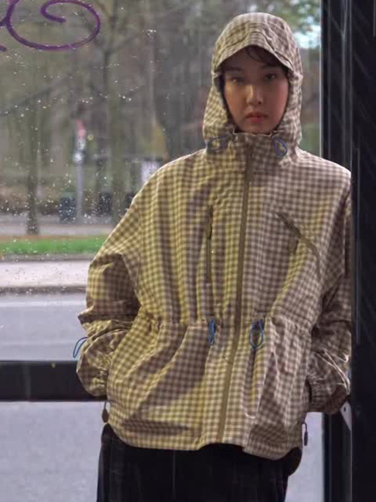 Women's Check Windbreaker with Waist Drawstring, Hood and Zipper Mune Fashion