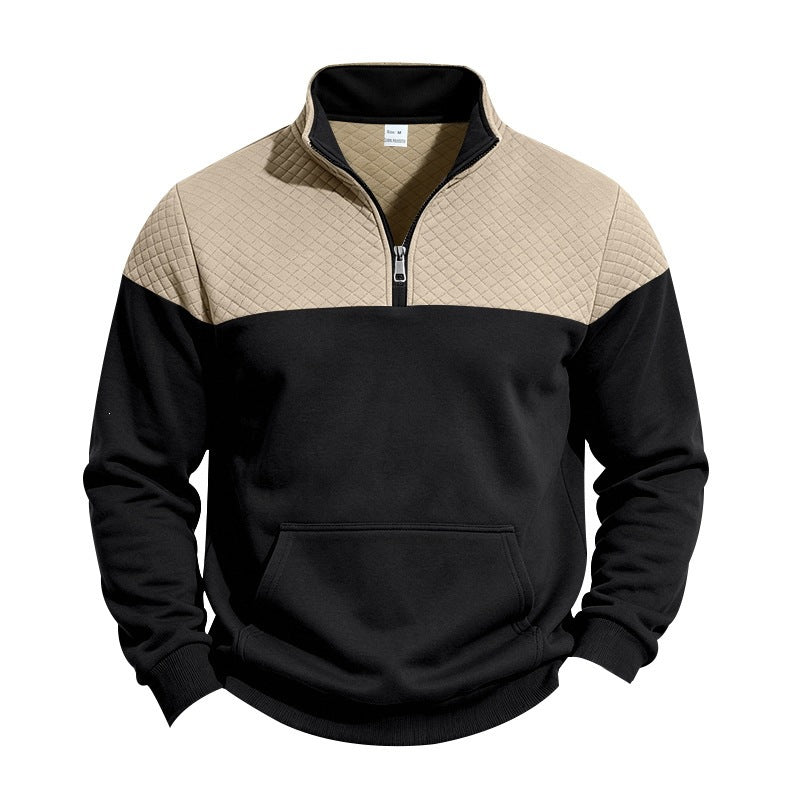 Men's Stand Collar Sweatshirt with Half Zip, Quilted Shoulder Yoke and Kangaroo Pocket Mune Fashion