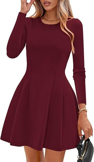 Women's Long-Sleeve A-Line Skater Dress with Figure-Flattering Seams Drune