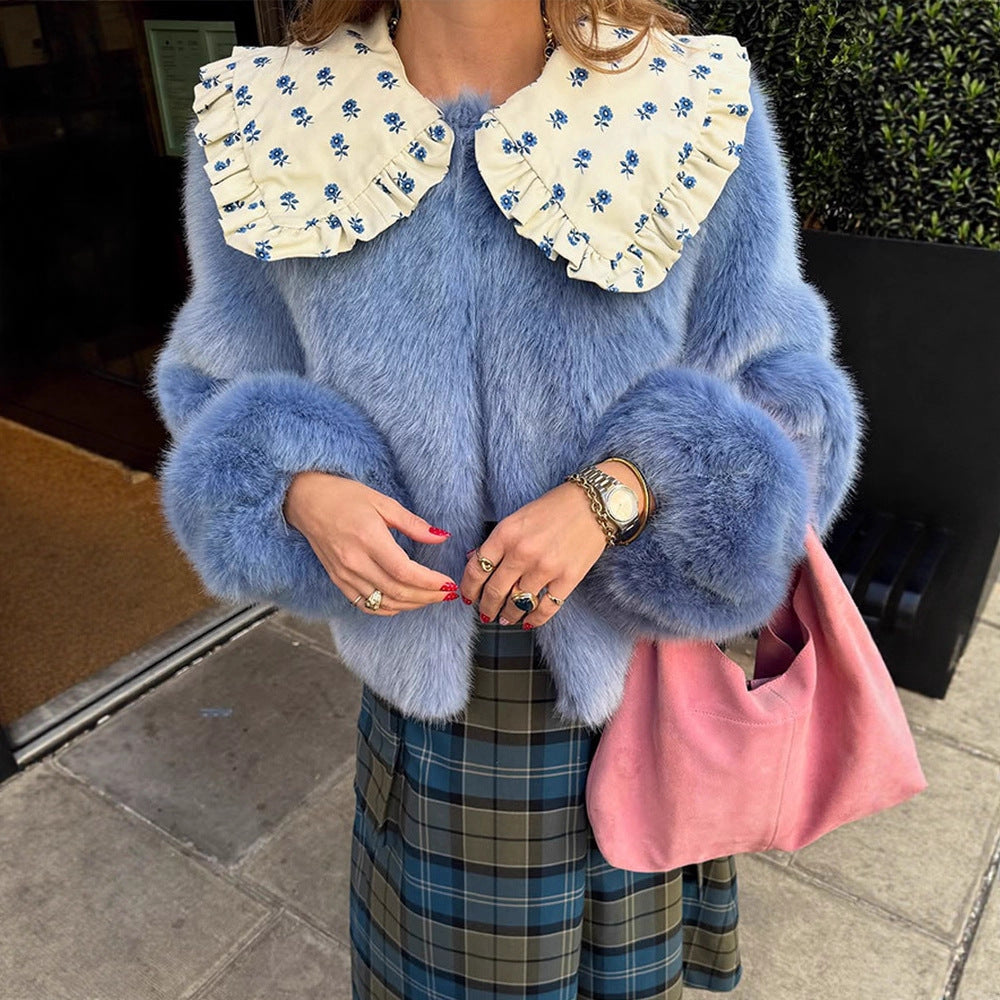 Women's Short Faux Fur Jacket with Distinctive Crochet Collar Mune Fashion