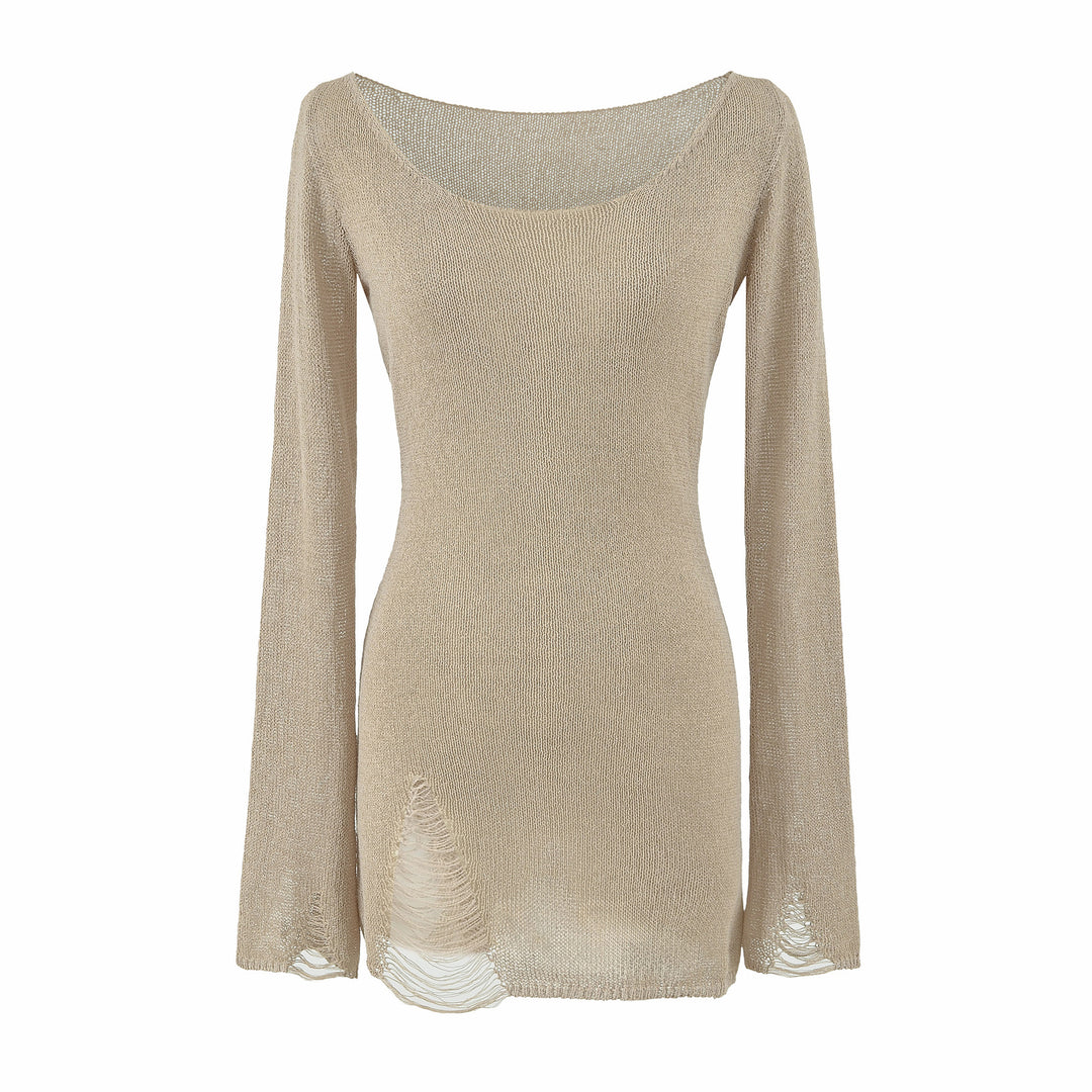 Women's fine knit tunic with bateau neckline, figure-hugging and bell sleeves Mune Fashion