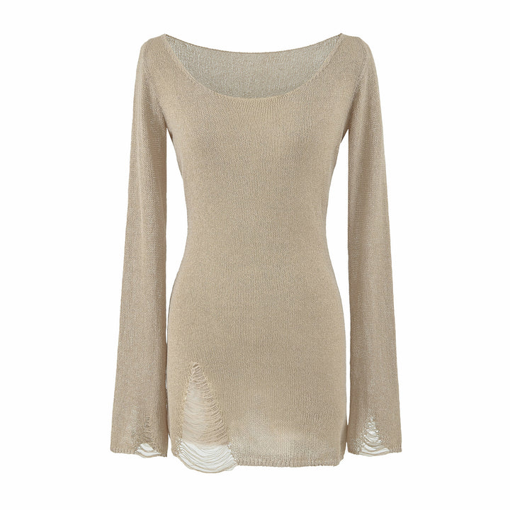 Women's fine knit tunic with bateau neckline, figure-hugging and bell sleeves Mune Fashion