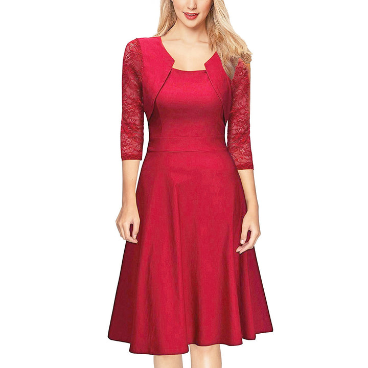 Women's Midi Dress with Lace Sleeves and Flared Skirt Mune Fashion