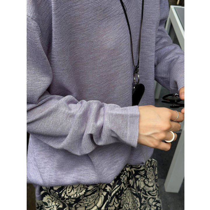 Women Casual V-Neck Fine Knit Long Sleeve with Dropped Shoulder Mune Fashion