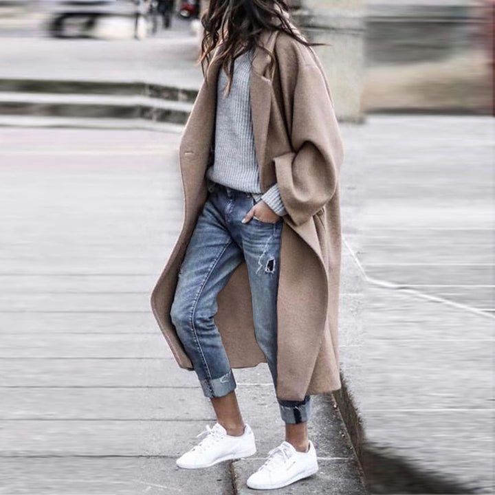 Women's Oversized Wool Coat with Dropped Shoulder, Open Front and Side Pockets Mune Fashion