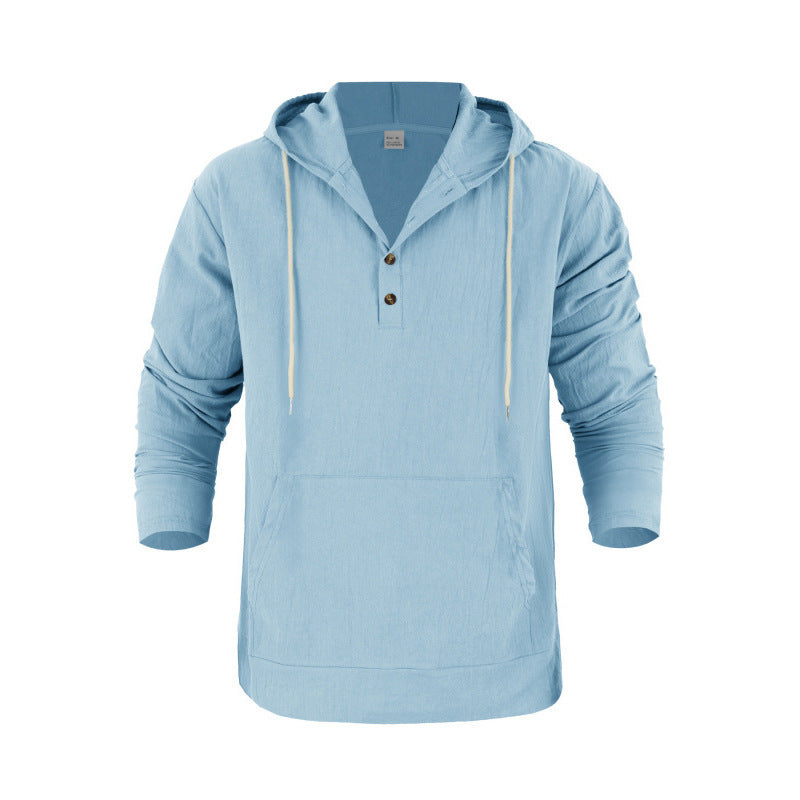 Men's linen look Henley hoodie with button placket and kangaroo pocket Mune Fashion