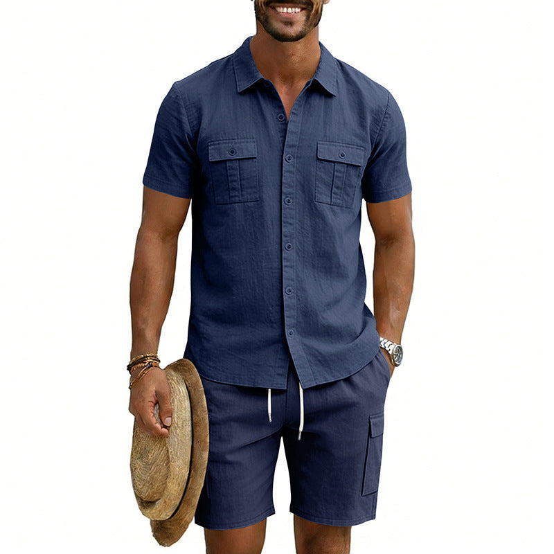 Men's summer leisure set made of cotton-linen blend with short-sleeve shirt and cargo shorts Mune Fashion
