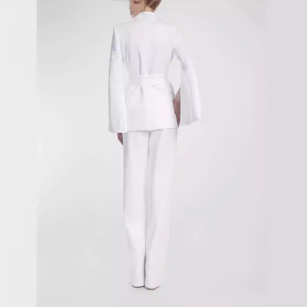 Women Tailored Cape Blazer with Tie Belt and Wide Palazzo Pants Mune Fashion