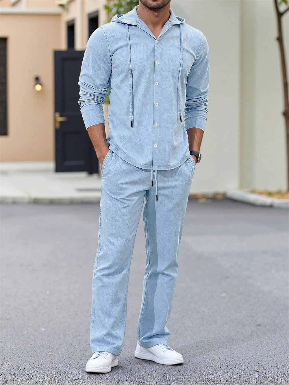 Men's casual two-piece lounge set with hoodie shirt, full button placket, and drawstring pants Mune Fashion