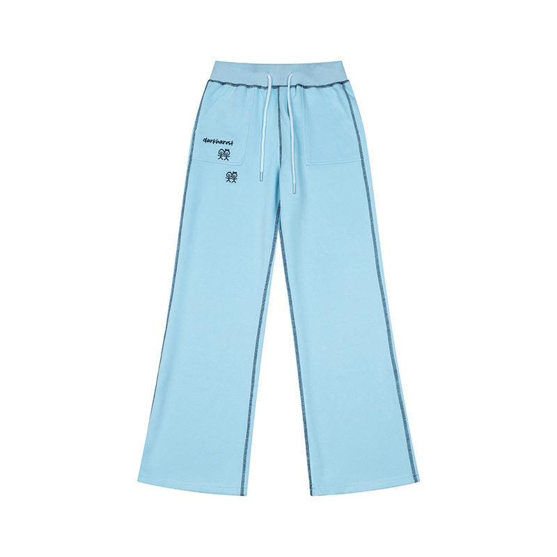 Women's Wide Lounge Pants with High Waist, Drawstring and Contrast Stitching Mune Fashion