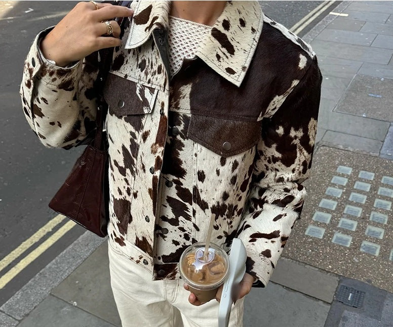 Women's Cropped Shirt Jacket with Cow Spot Pattern and Patch Chest Pockets Mune Fashion