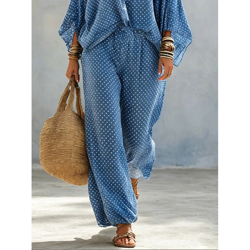Ladies Boho Lounge Set with wide V-neck, batwing sleeves and elastic waistband palazzo pants Drune