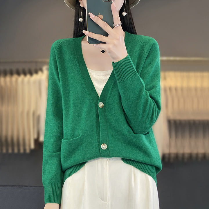 Women's Casual Fine Knit Cardigan with V-Neck, Hand Pockets and Wide Ribbed Cuff Mune Fashion