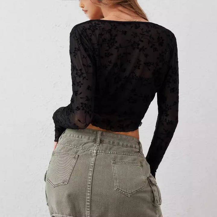 Ladies cropped fitted mesh top with floral velvet flock decoration and tie Mune Fashion