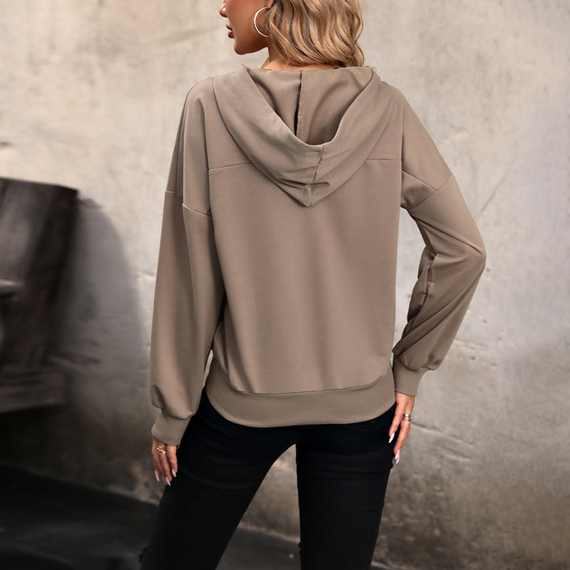 Women’s Hooded Henley Pullover with Snap Placket, Drop Shoulder and Ribbed Hem Mune Fashion