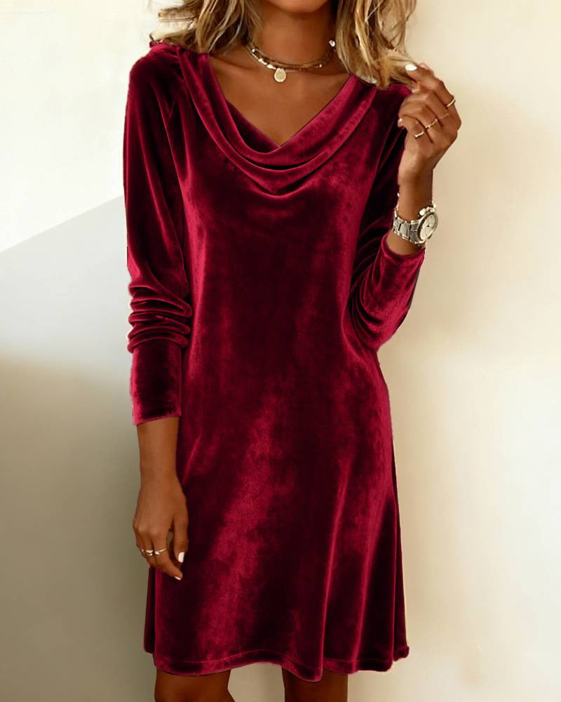 Women's velvet dress with draped waterfall neckline, knee-length A-line silhouette and long sleeves Mune Fashion