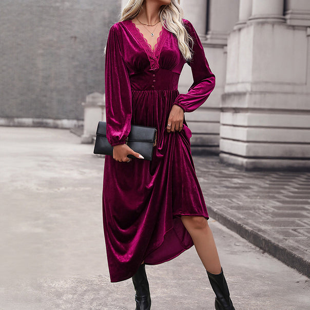 Ladies Velvet Maxi Dress with V-Neck and Empire Waist Mune Fashion
