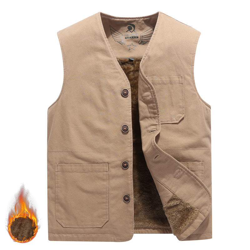 Men's Sleeveless Canvas Teddy Vest with Warming Fleece Lining and Patch Pockets Mune Fashion