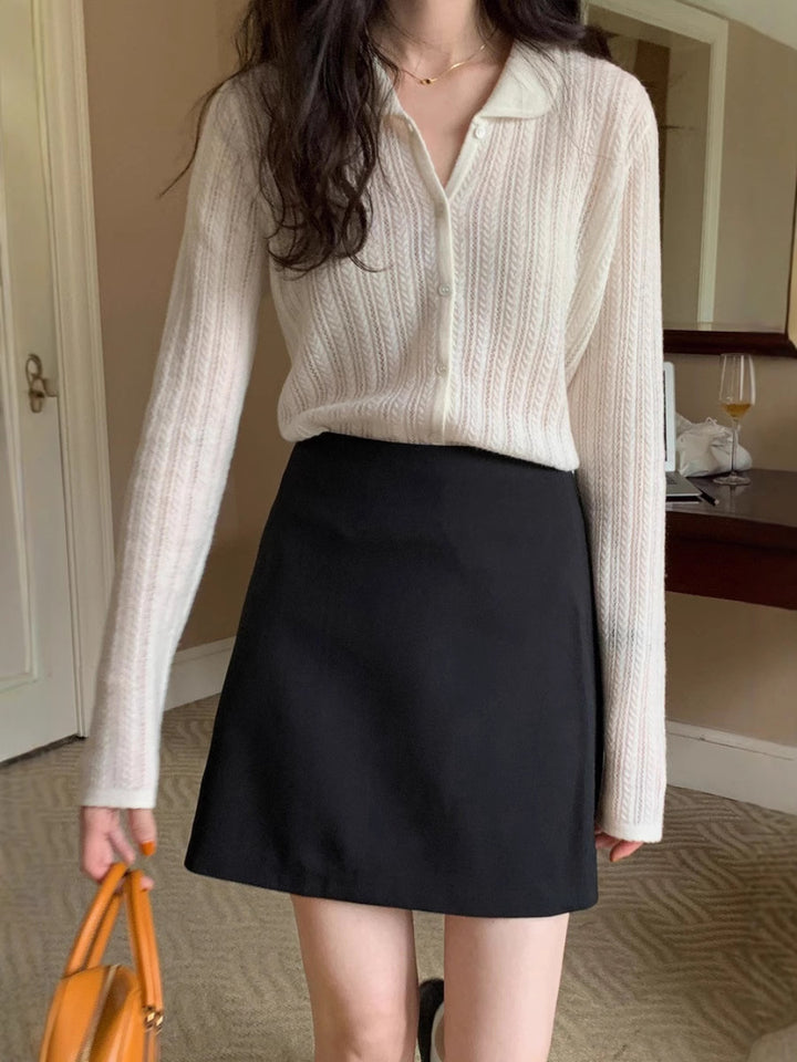 Women's Lightweight Openwork Knit Cardigan with Shirt Collar and Fine Cable Knit Texture Mune Fashion