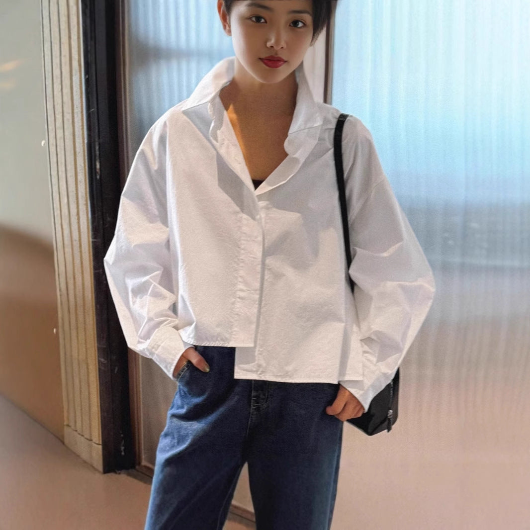 Women’s Asymmetric Cropped Blouse made of Cotton Poplin in Oversized Cut Mune Fashion