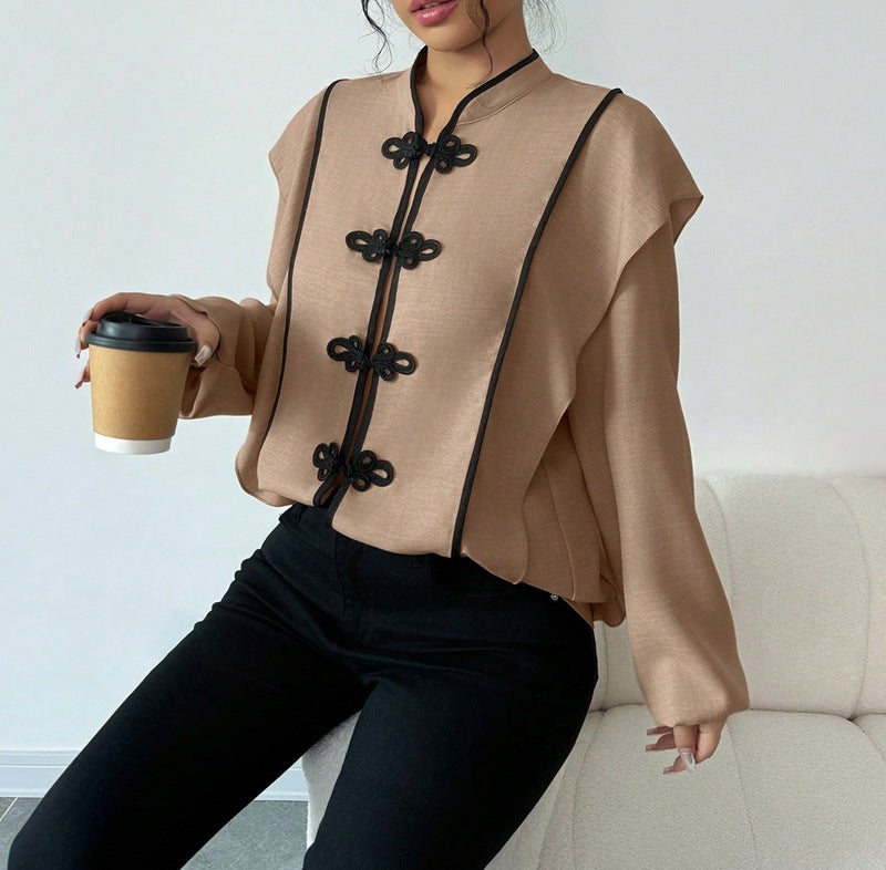 Women's stand-up collar blouse with decorative knot closures and decorative piping Mune Fashion