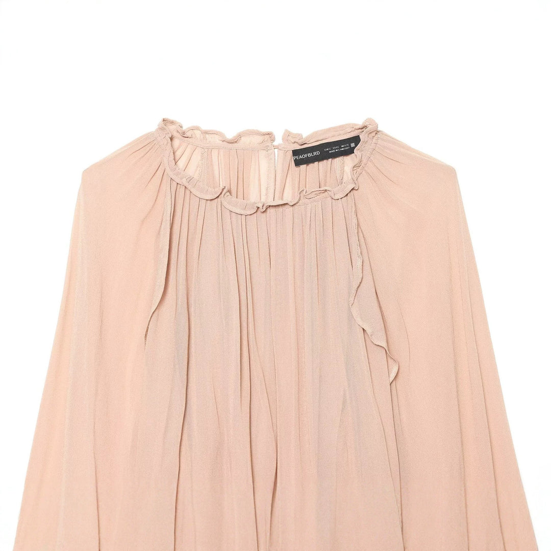 Ladies Ruched Pleated Chiffon Blouse with Stand Collar and Balloon Sleeves Drune