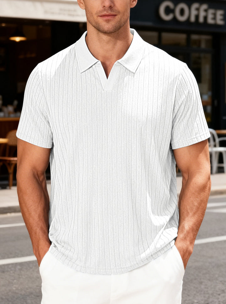 Men's Ribbed Short Sleeve Polo Shirt with V-Neck and Open Collar