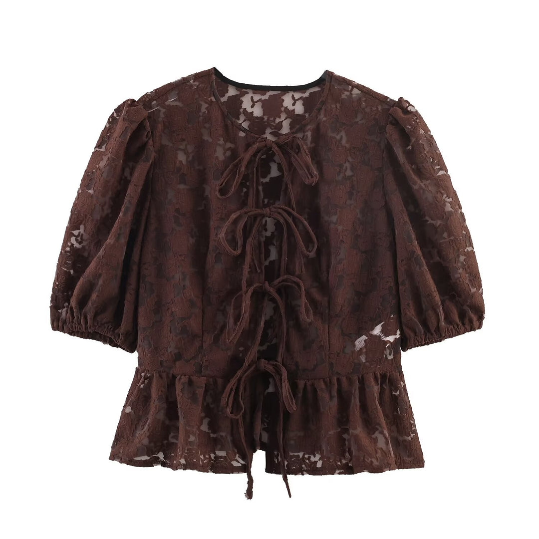 Ladies Transparent Lace Blouse with Front Ties and Ruffled Hem Mune Fashion