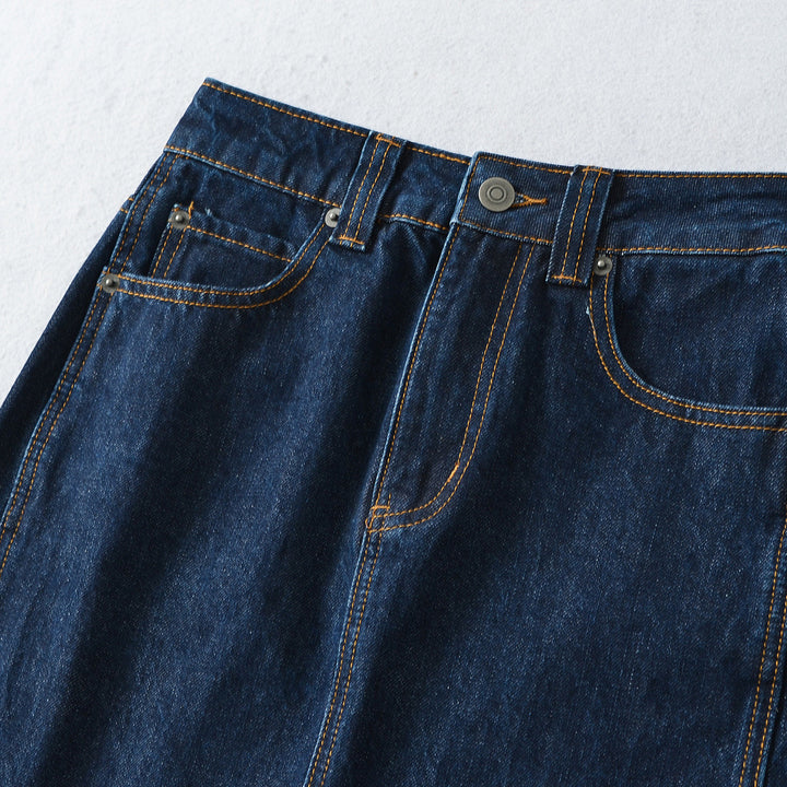 Women's High-Waisted Midi Skirt Made of Denim with Visible Seams and Turned-Up Hem Mune Fashion