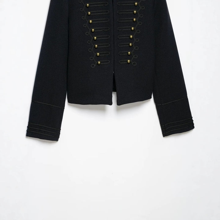 Women's Slim Military-Inspired Short Jacket with Cord Decoration and Brass Buttons Mune Fashion