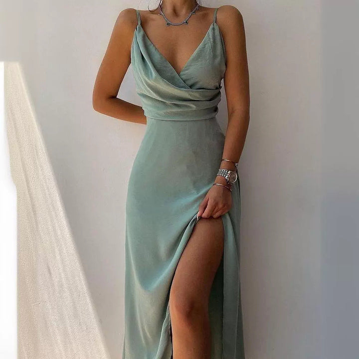 Women Elegant Maxi Dress with Stylish Wrap Neckline and Seductive Slit Mune Fashion
