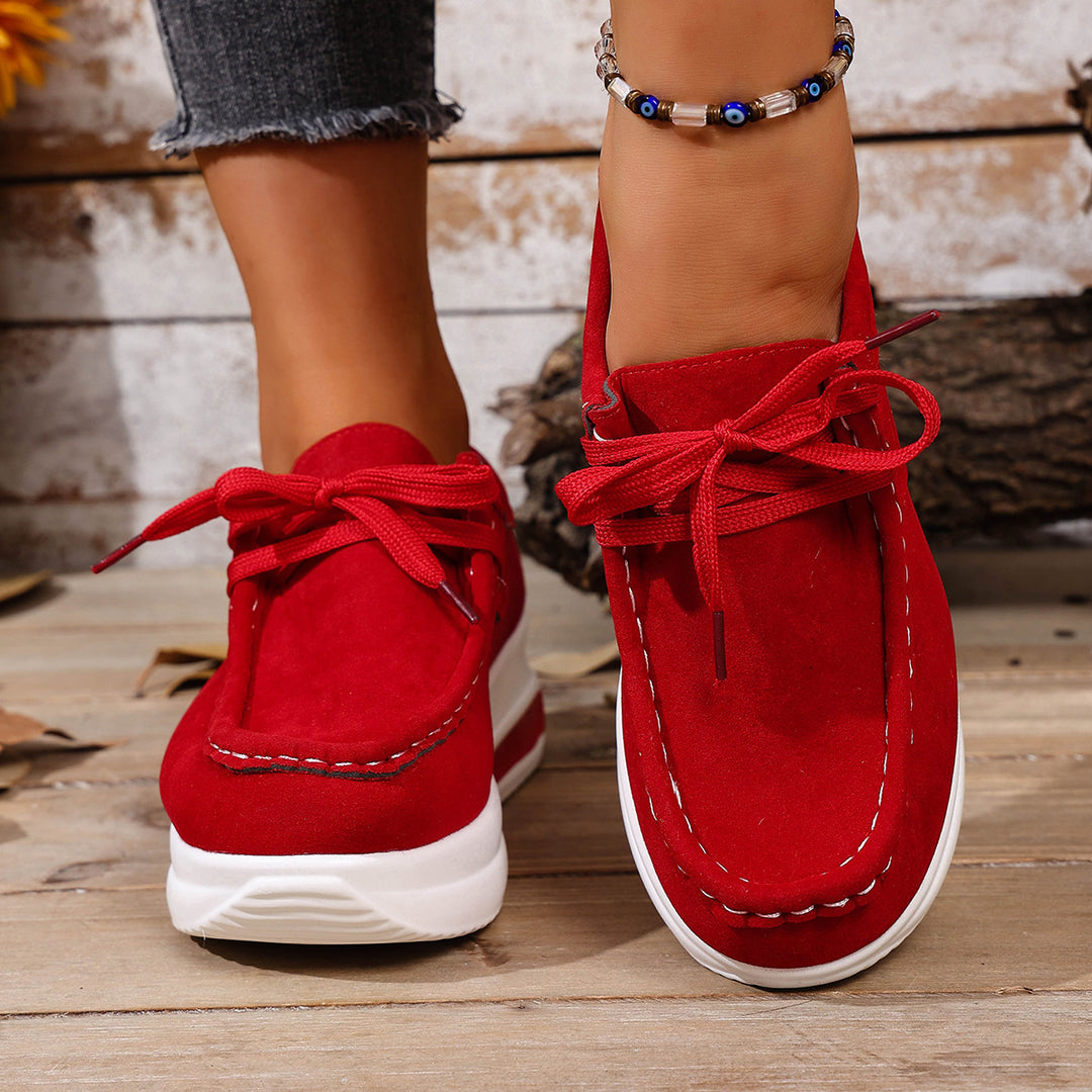 Ladies Velour Moccasin Plateau Sneaker with hidden wedge and padded comfort footbed Mune Fashion