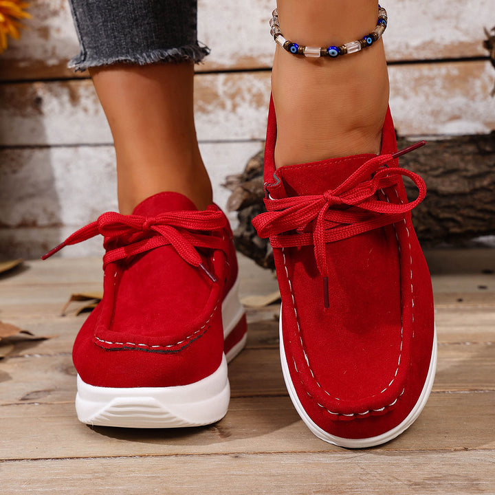 Ladies Velour Moccasin Plateau Sneaker with hidden wedge and padded comfort footbed Mune Fashion