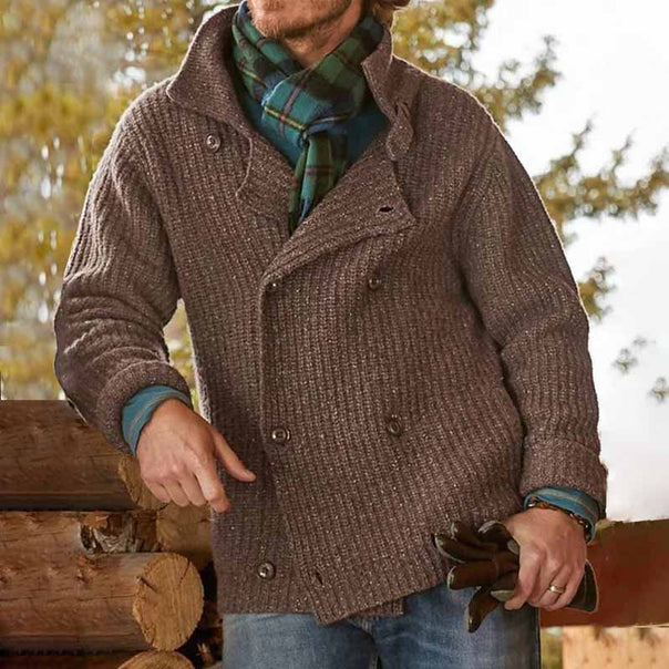 Men's Double-Breasted Chunky Knit Cardigan with Shawl Collar and Ribbed Texture Mune Fashion