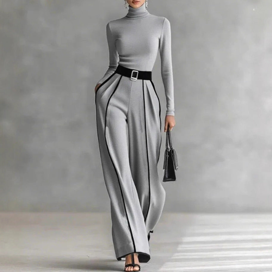Ladies' elegant knit set with fitted turtleneck top and wide pleated trousers with waistband Mune Fashion