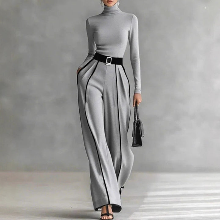 Ladies' elegant knit set with fitted turtleneck top and wide pleated trousers with waistband Mune Fashion