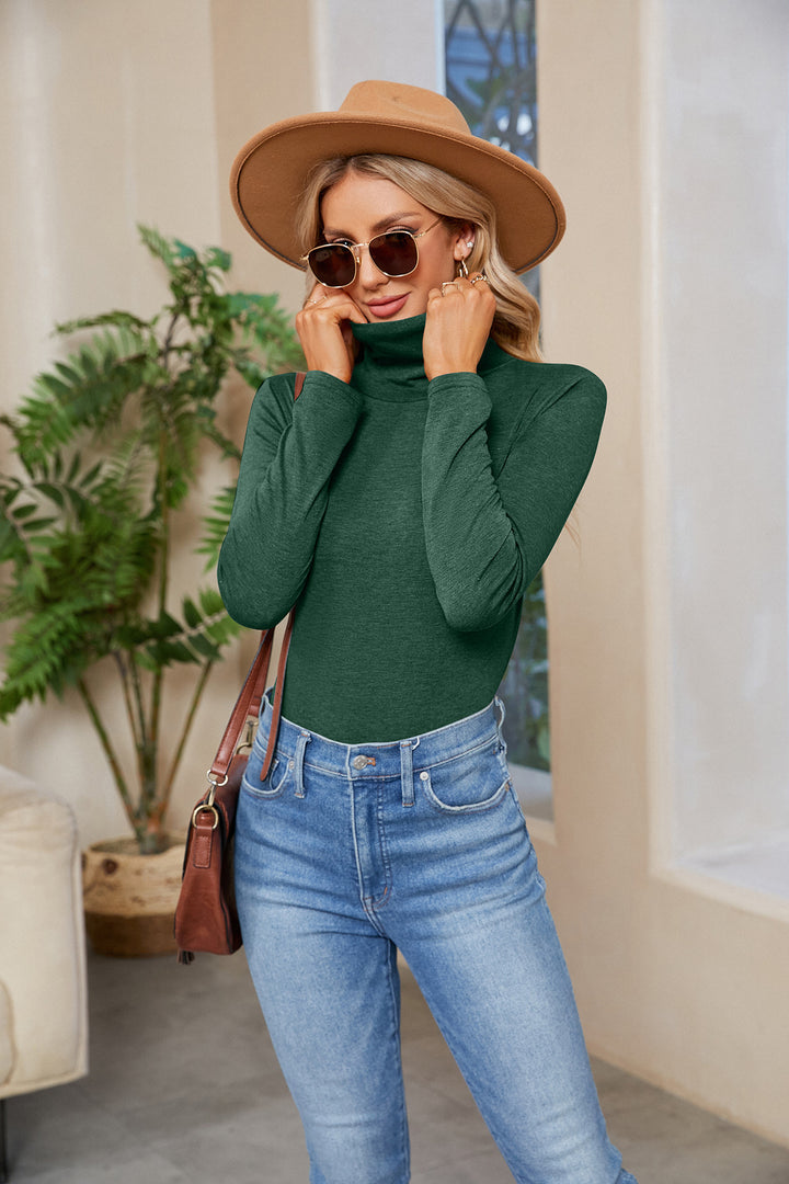 Women Fitted Stretch Jersey Turtleneck Top with Long Sleeve