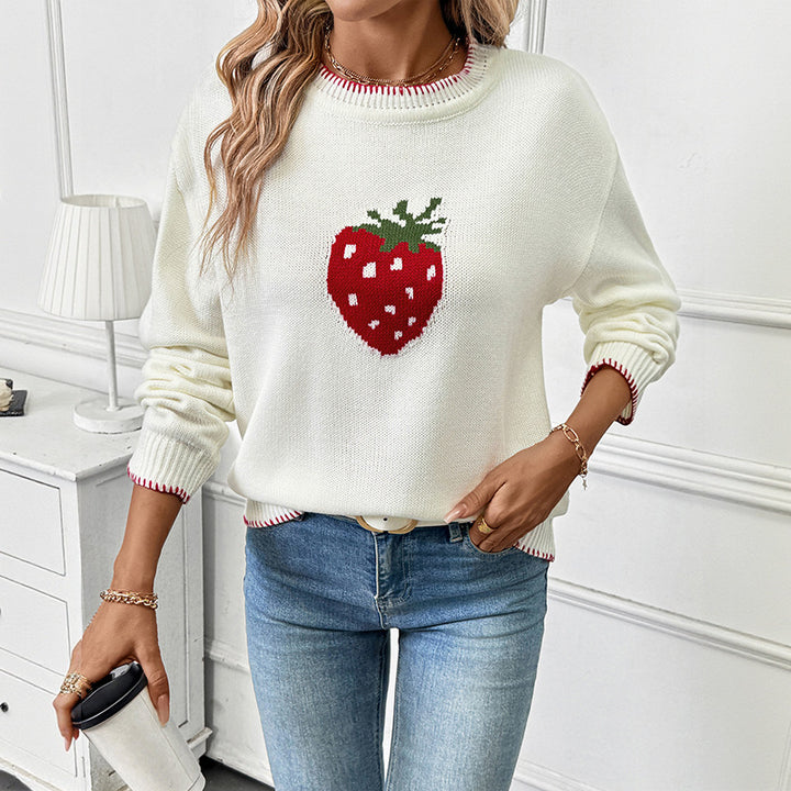 Women Playful Sweater with Strawberry Motif Mune Fashion