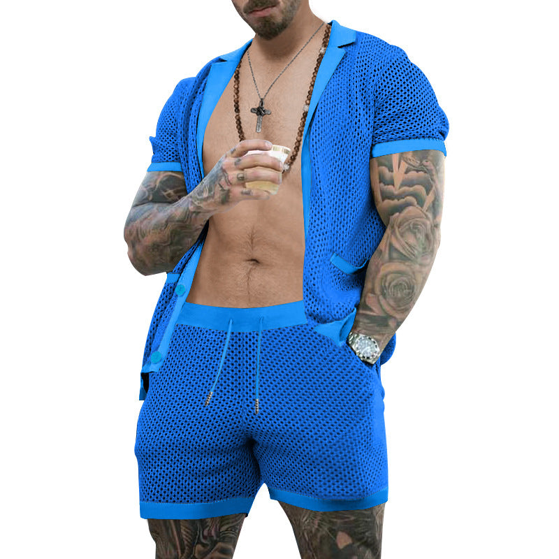 Men's open mesh knit cardigan with matching drawstring shorts Mune Fashion