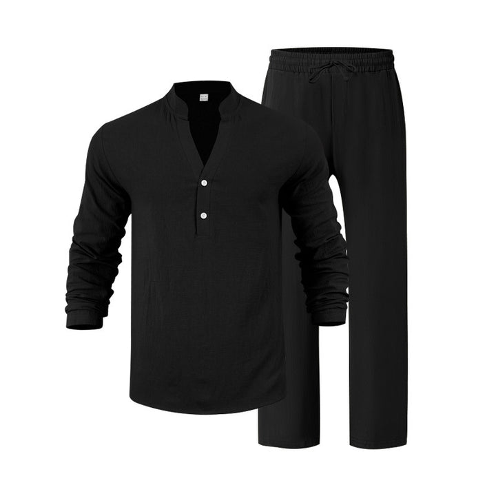 Men's nan casual Henley set in lightweight linen look with stand-up collar and elastic drawstring pants Mune Fashion