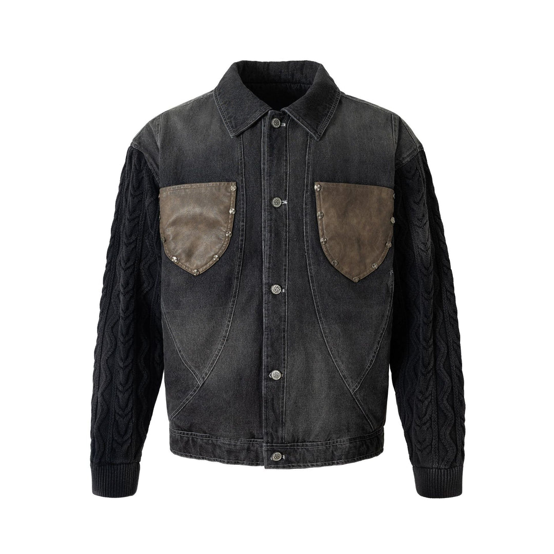 Men's denim jacket with applied leather chest pockets and cable knit sleeves Mune Fashion