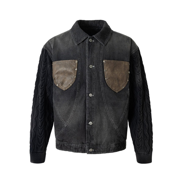 Men's denim jacket with applied leather chest pockets and cable knit sleeves Mune Fashion