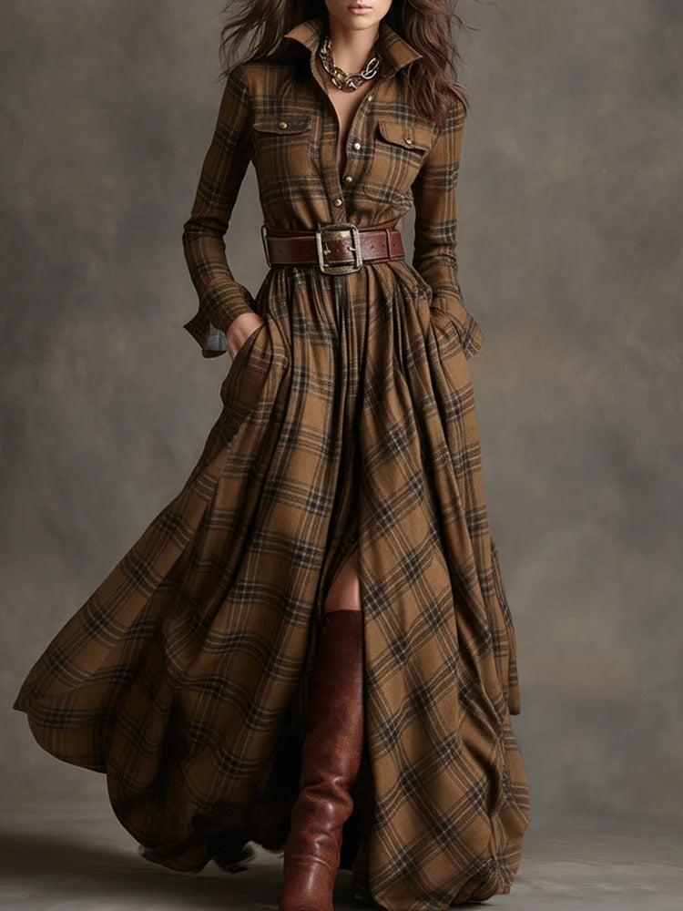 Women checked maxi dress shirt dress with flared skirt and wide waistband Mune Fashion