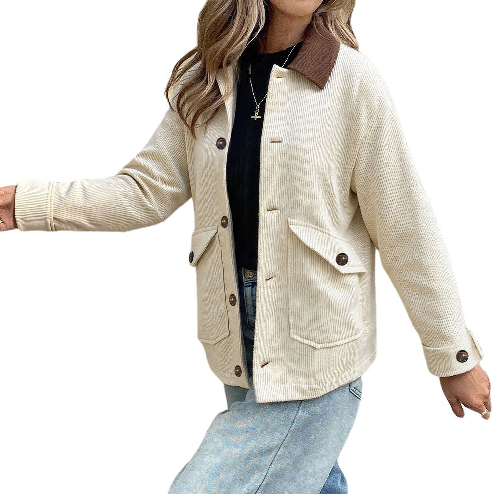 Women's cord jacket with contrast collar, patch pockets and button placket Mune Fashion