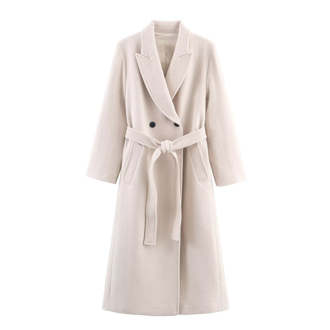 Women Long Tailored Wool Blend Coat with Tie Belt and Lapel Collar Mune Fashion