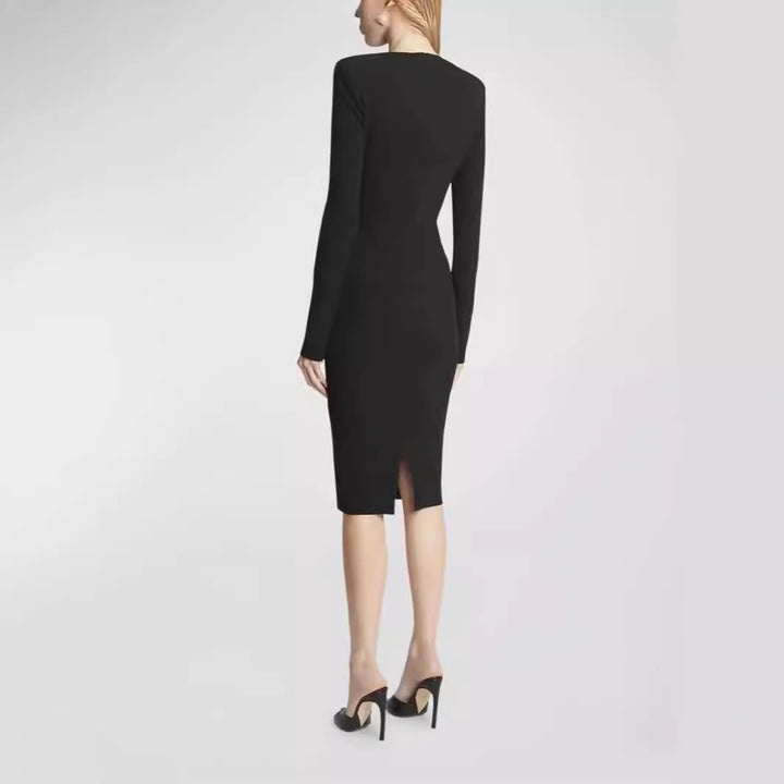 Women's Figure-hugging Midi Dress with Round Neckline and Long Sleeves Mune Fashion