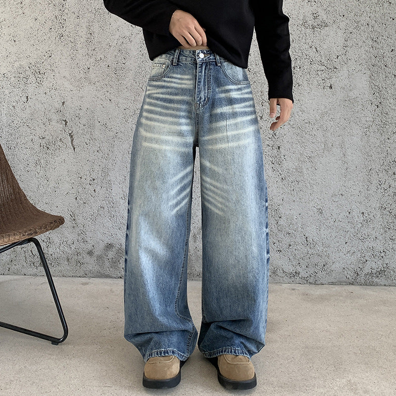 Men's Extra Wide Baggy Denim Trousers with High Waist, Distinctive Whisker Folds and Deep Crotch Mune Fashion