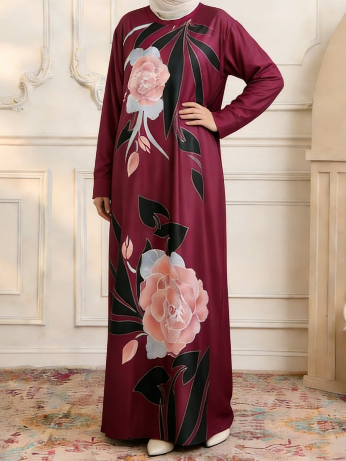 Women's maxi dress in kaftan style with hand-painted floral print Mune Fashion